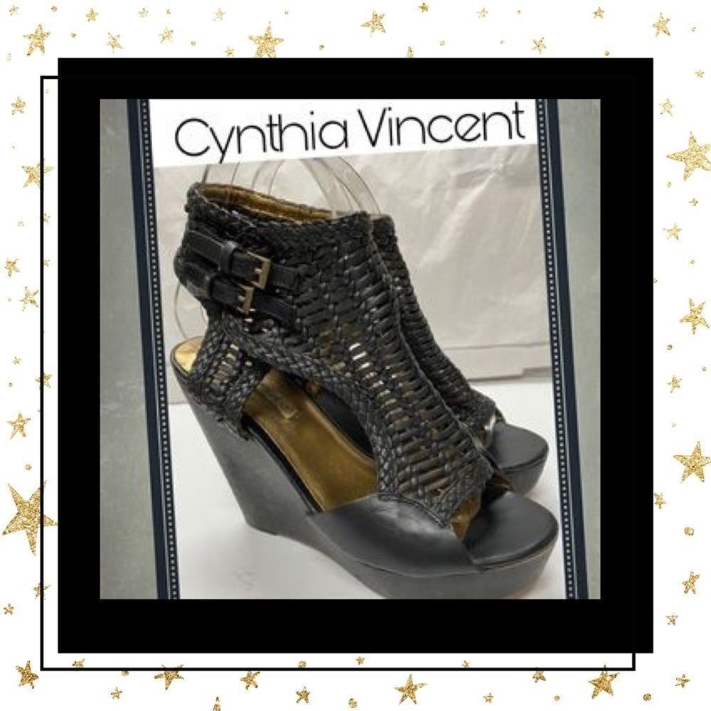 Cynthia Vincent Black Leather Braided Wedges 6